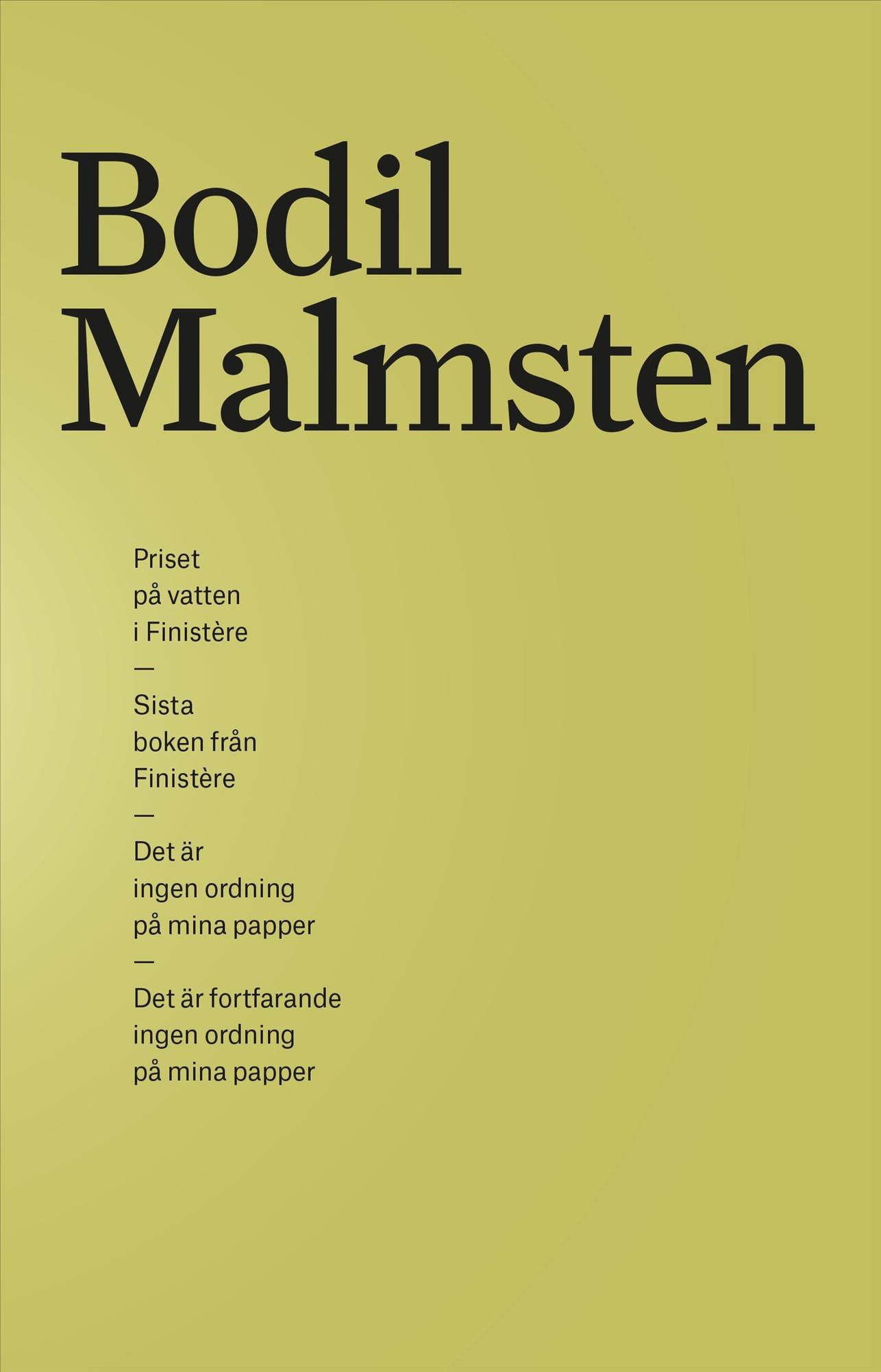 Samlingsutgåva Bodil Malmsten. Priset på vatten i Finistère, Sista boken från Finistère, Det är ingen ordning på mina papper, Det är fortfarande ingen ordning på mina papper