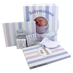 Babyminnen. Box med babyalbum, fotoalbum med mera