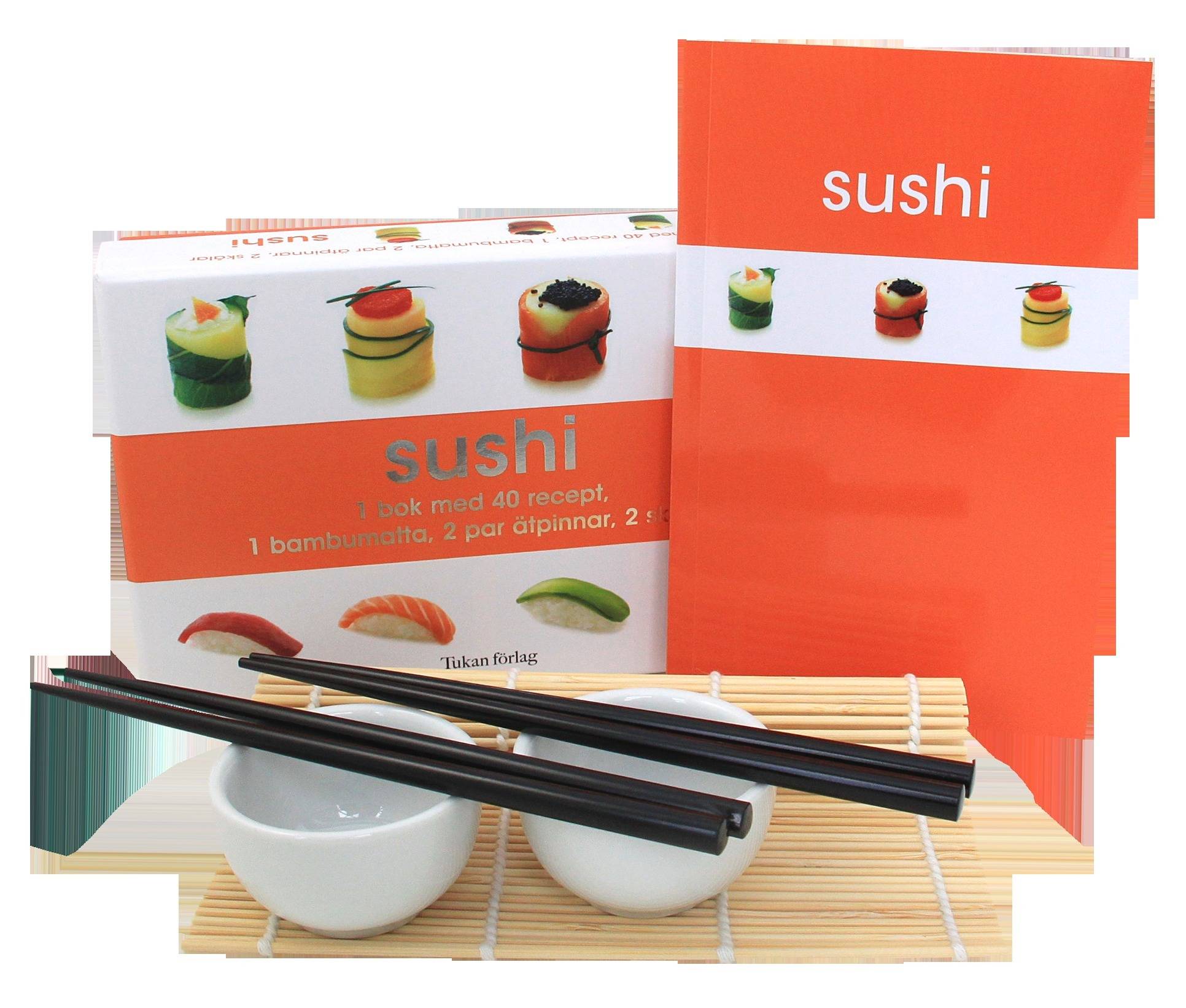 Sushi : en bok med 40 recept, en bambumatta, två par ätpinnar och två skålar