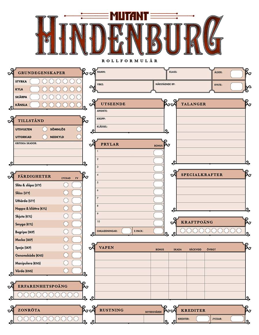 Mutant: Hindenburg. Rollformulärsblock